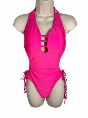 Relleciga Hot Pink Plunge Neckline Tie Side Cheeky Monokini One Piece Swimsuit